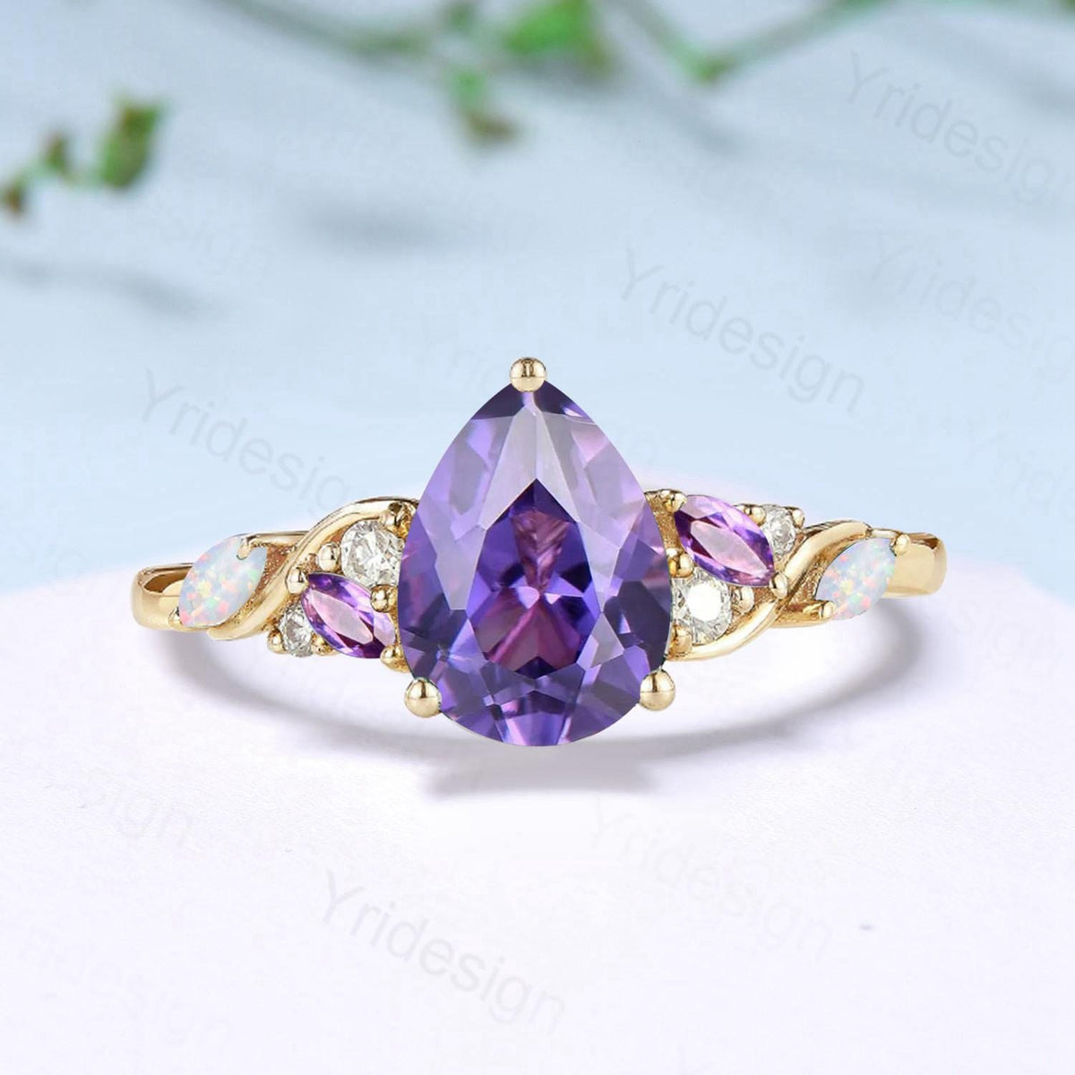 Vintage Pear Shaped Purple Sapphire Engagement Ring Unique Cluster Marquise Opal Amethyst Wedding Ring Her Purple Gemstone Anniversary Ring - PENFINE