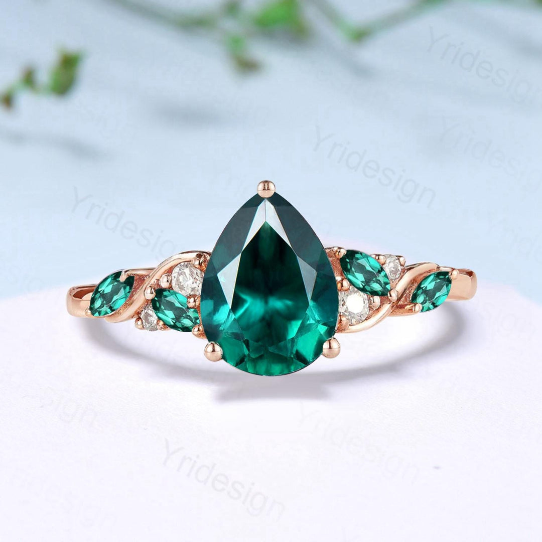 Vintage Pear Shaped Emerald Engagement Ring Art deco Inspired