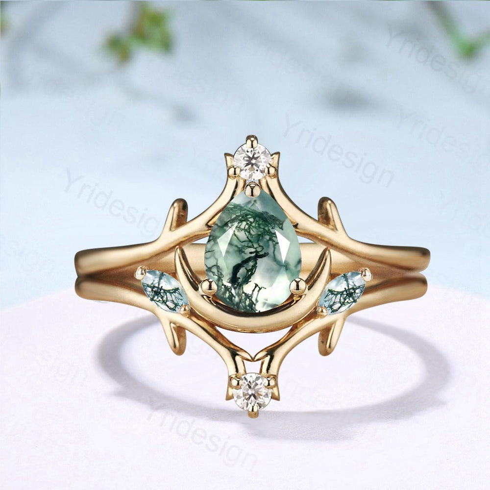 Unique Pear Shaped Natural Moss Agate Engagement Ring Set Crescent Moon inspired Wedding Set Branch Stacking Band Art Deco 2pcs Bridal Set - PENFINE