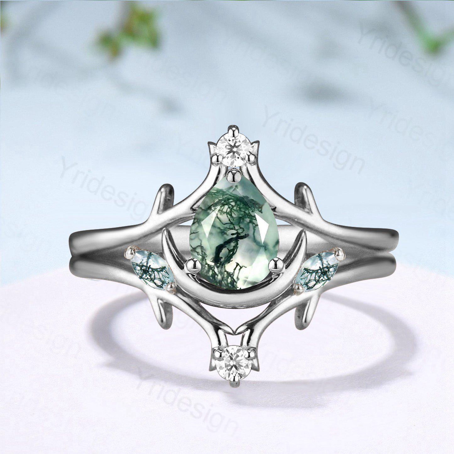 Unique Pear Shaped Natural Moss Agate Engagement Ring Set Crescent Moon inspired Wedding Set Branch Stacking Band Art Deco 2pcs Bridal Set - PENFINE