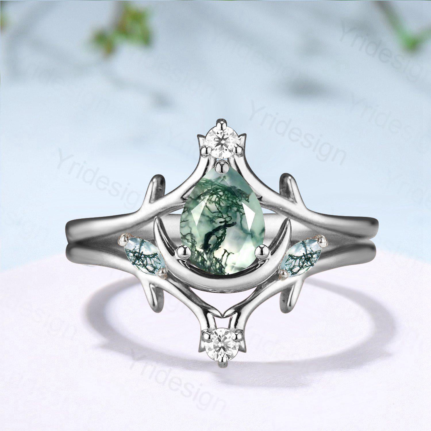 Unique Pear Shaped Natural Moss Agate Engagement Ring Set Crescent Moon inspired Wedding Set Branch Stacking Band Art Deco 2pcs Bridal Set - PENFINE