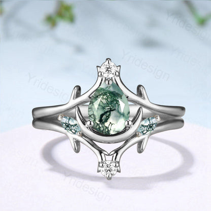 Unique Pear Shaped Natural Moss Agate Engagement Ring Set Crescent Moon inspired Wedding Set Branch Stacking Band Art Deco 2pcs Bridal Set - PENFINE