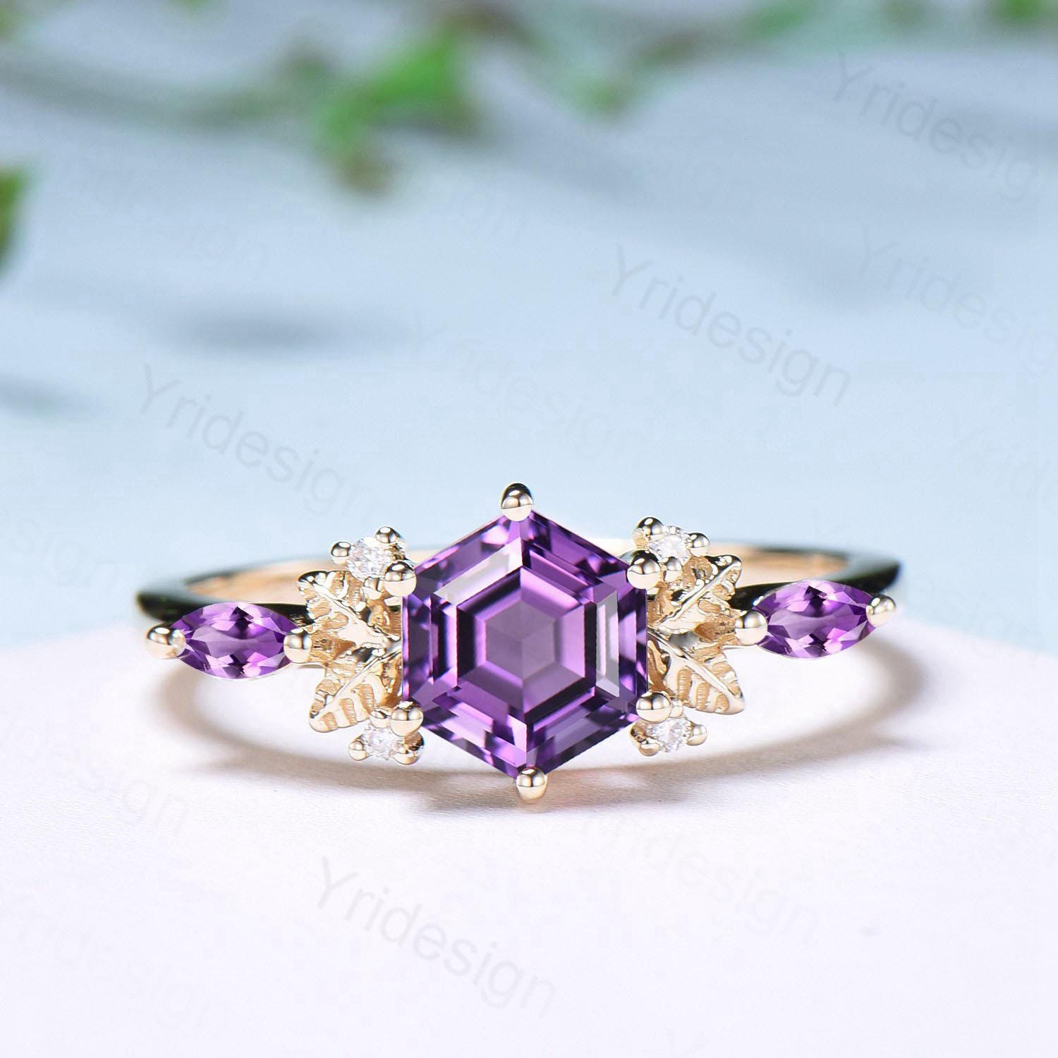 Vintage hexagon cut amethyst engagement ring set 14k yellow gold Nature inspired leaf vine Feb birthstone wedding ring set Anniversary Gifts - PENFINE