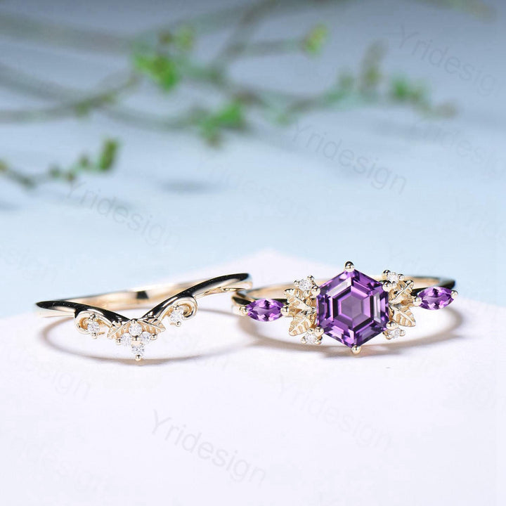 Vintage hexagon cut amethyst engagement ring set 14k yellow gold Nature inspired leaf vine Feb birthstone wedding ring set Anniversary Gifts - PENFINE