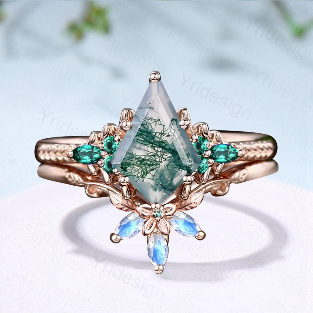 Unique Kite Cut Natural Moss Agate Engagement Ring Set Green Agate Emerald Wedding Set Vintage Marquise Moonstone Stacking Band Bridal Set - PENFINE