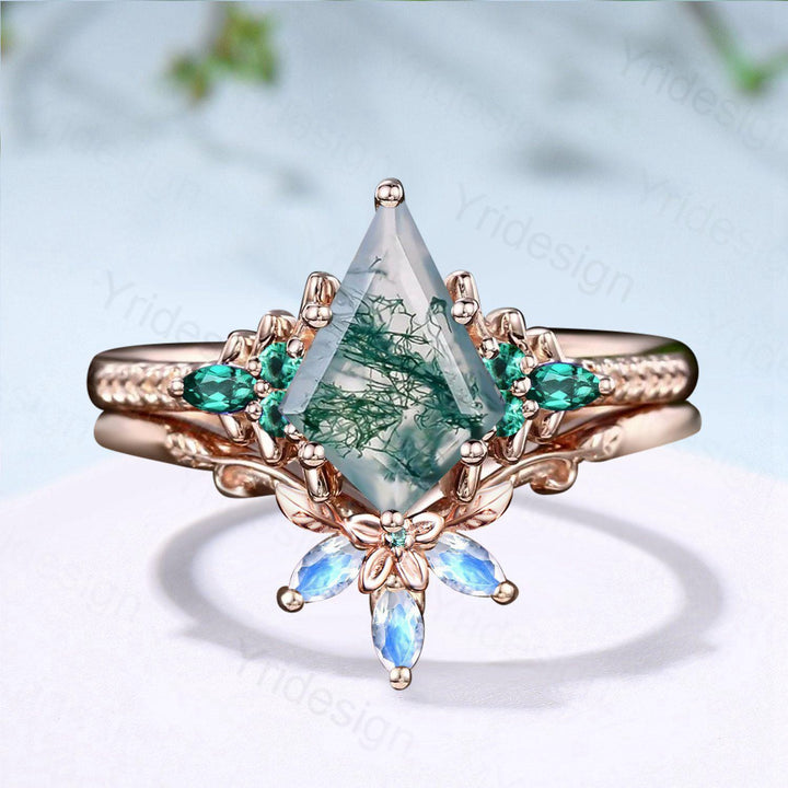 Unique Kite Cut Natural Moss Agate Engagement Ring Set Green Agate Emerald Wedding Set Vintage Marquise Moonstone Stacking Band Bridal Set - PENFINE