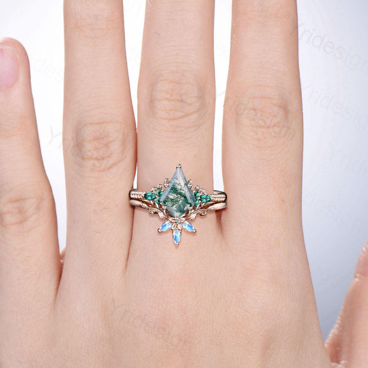 Unique Kite Cut Natural Moss Agate Engagement Ring Set Green Agate Emerald Wedding Set Vintage Marquise Moonstone Stacking Band Bridal Set - PENFINE