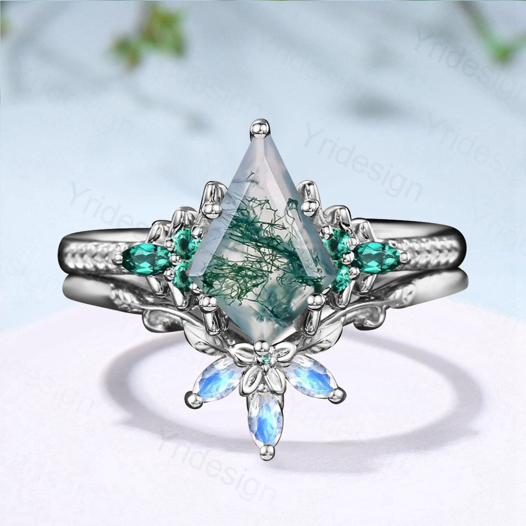 Unique Kite Cut Natural Moss Agate Engagement Ring Set Green Agate Emerald Wedding Set Vintage Marquise Moonstone Stacking Band Bridal Set - PENFINE