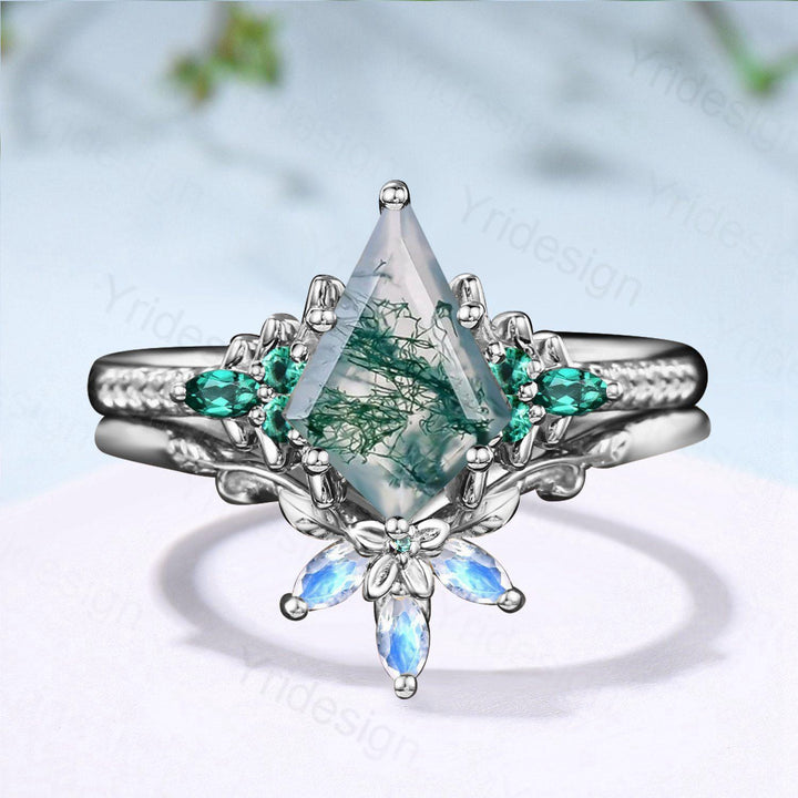 Unique Kite Cut Natural Moss Agate Engagement Ring Set Green Agate Emerald Wedding Set Vintage Marquise Moonstone Stacking Band Bridal Set - PENFINE