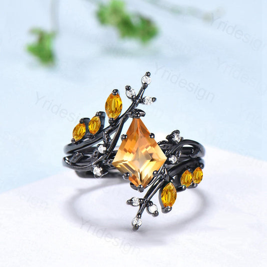 Unique gothic kite cut citrine engagement ring set black gold cluster engagement ring nature inspired cute citrine wedding set mother's gift - PENFINE