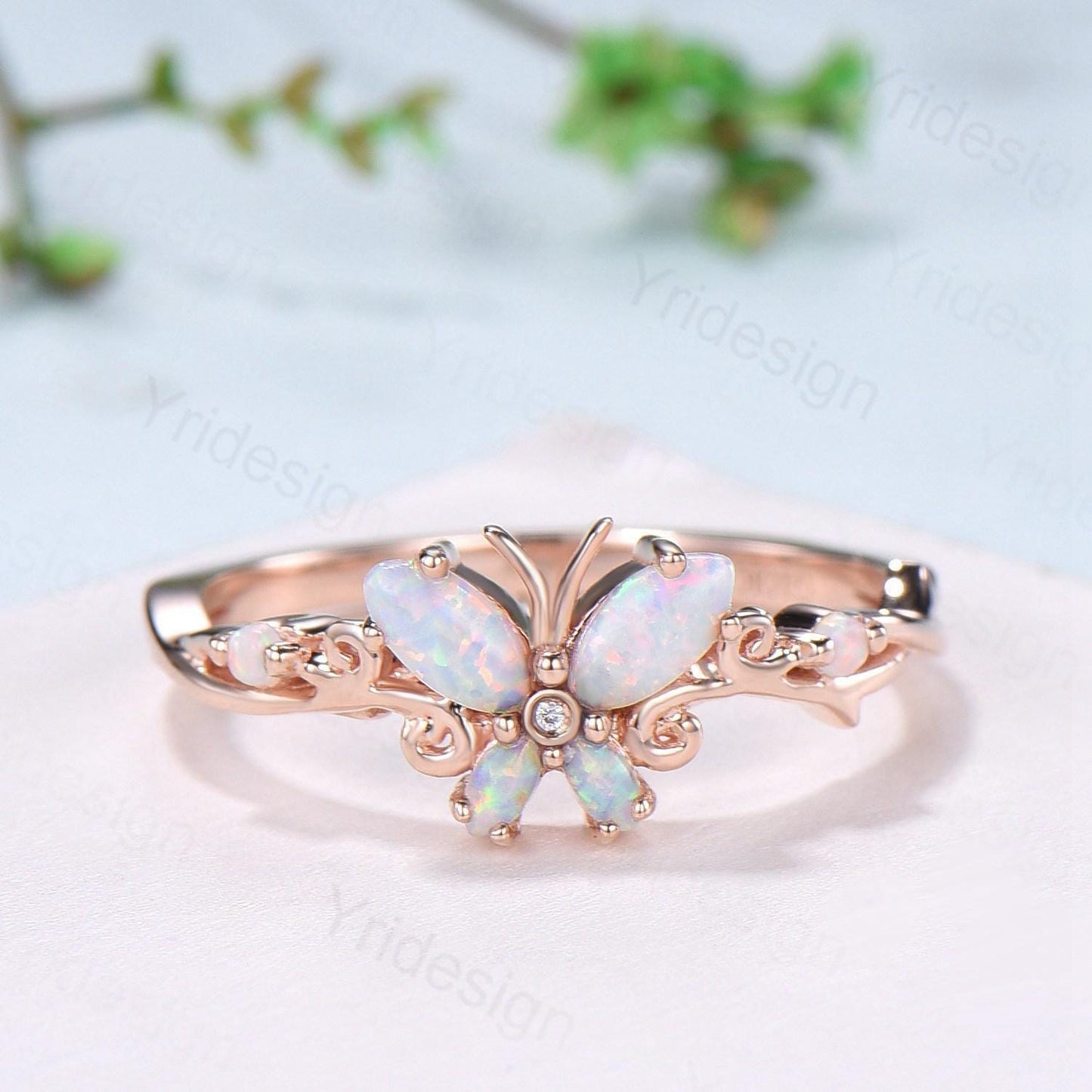 Dainty Butterfly fire opal wedding ring vintage marquise white opal engagement ring silver 14k rose gold custom anniversary gift  for women - PENFINE
