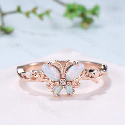 Dainty Butterfly fire opal wedding ring vintage marquise white opal engagement ring silver 14k rose gold custom anniversary gift  for women - PENFINE