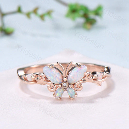 Dainty Butterfly fire opal wedding ring vintage marquise white opal engagement ring silver 14k rose gold custom anniversary gift  for women - PENFINE