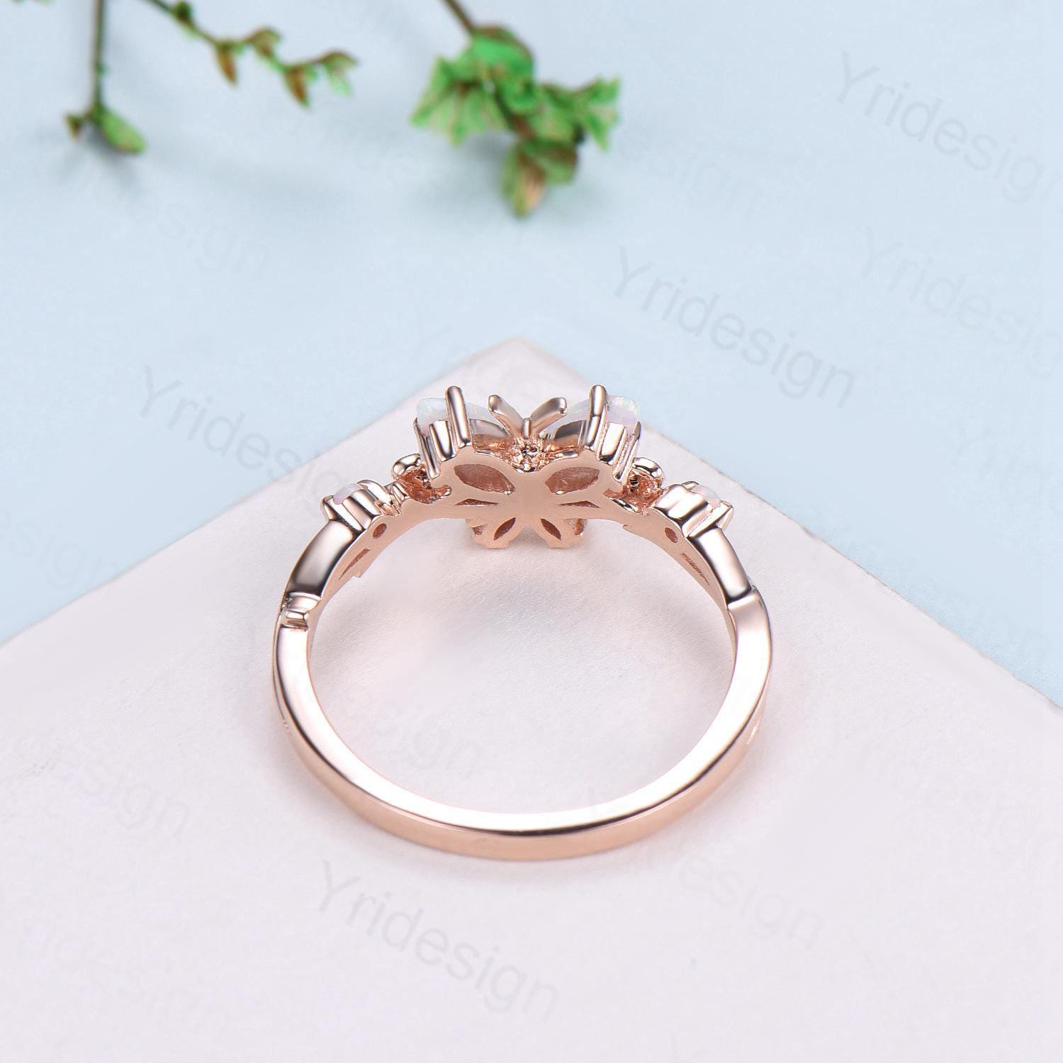 Dainty Butterfly fire opal wedding ring vintage marquise white opal engagement ring silver 14k rose gold custom anniversary gift  for women - PENFINE