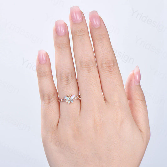 Dainty Butterfly fire opal wedding ring vintage marquise white opal engagement ring silver 14k rose gold custom anniversary gift for women - PENFINE