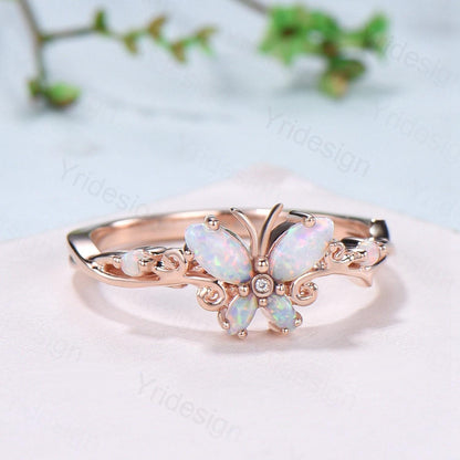 Dainty Butterfly fire opal wedding ring vintage marquise white opal engagement ring silver 14k rose gold custom anniversary gift  for women - PENFINE
