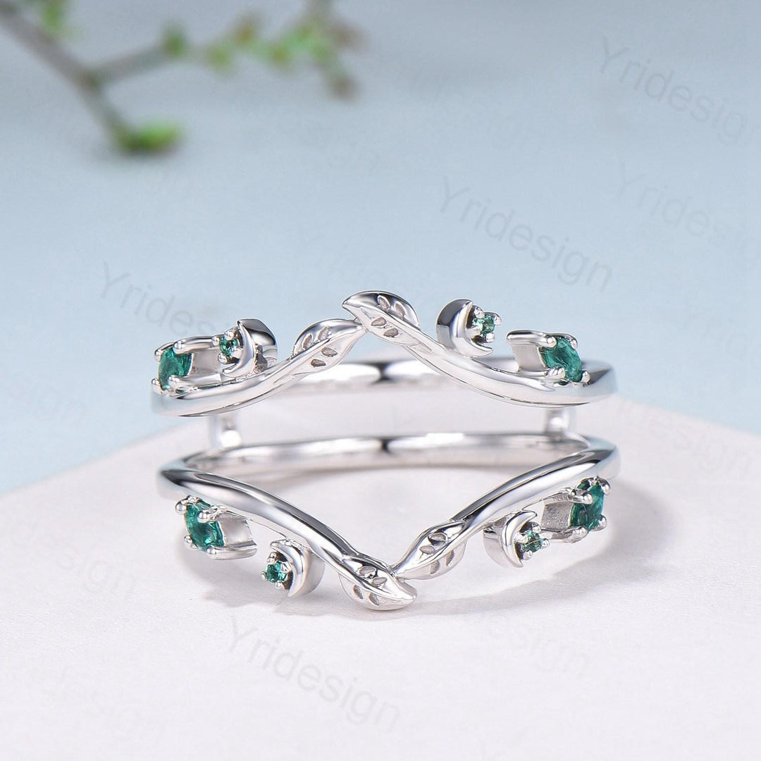 Elegant Emerald Enhancer Wedding Band Leaf Vine Ladies Wedding Ring Women Unique Nature Inspired Stacking Matching Ring Anniversary Gifts - PENFINE