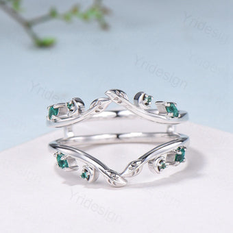 Elegant Emerald Enhancer Wedding Band Leaf Vine Ladies Wedding Ring Women Unique Nature Inspired Stacking Matching Ring Anniversary Gifts - PENFINE