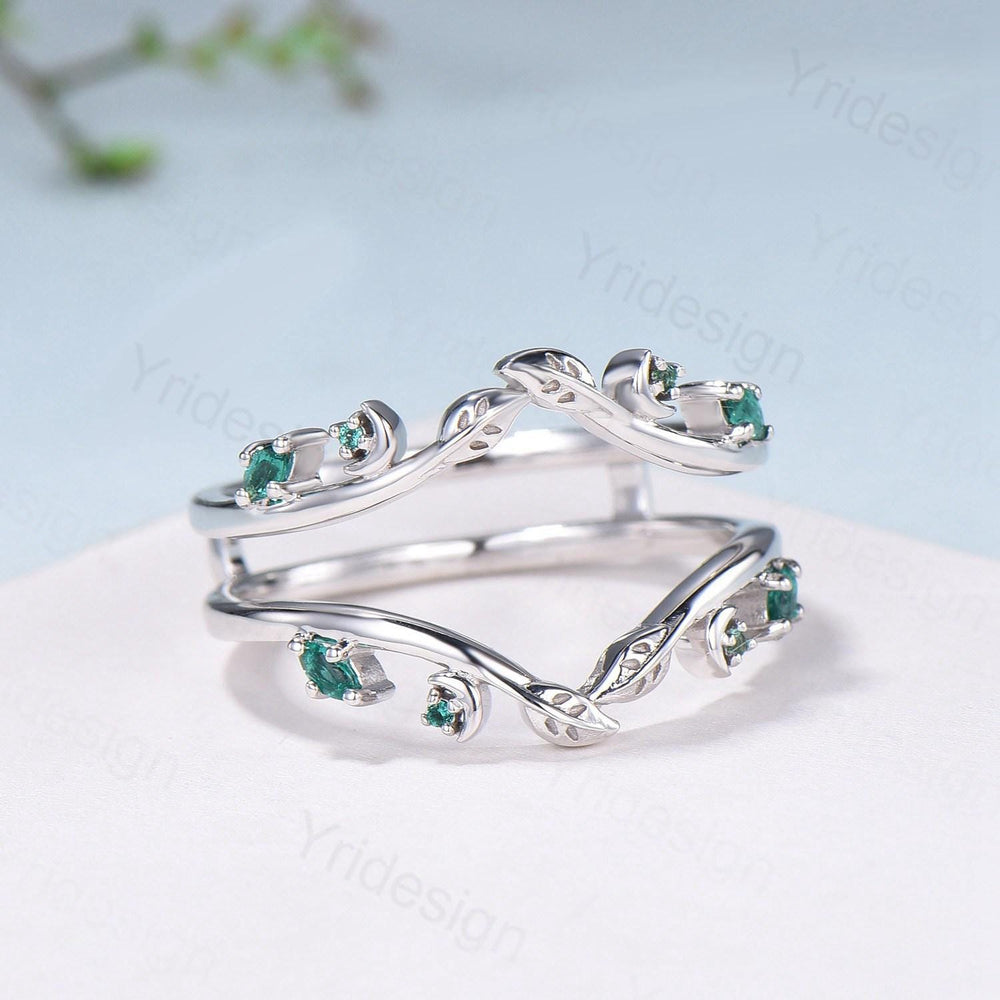 Elegant Emerald Enhancer Wedding Band Leaf Vine Ladies Wedding Ring Women Unique Nature Inspired Stacking Matching Ring Anniversary Gifts - PENFINE