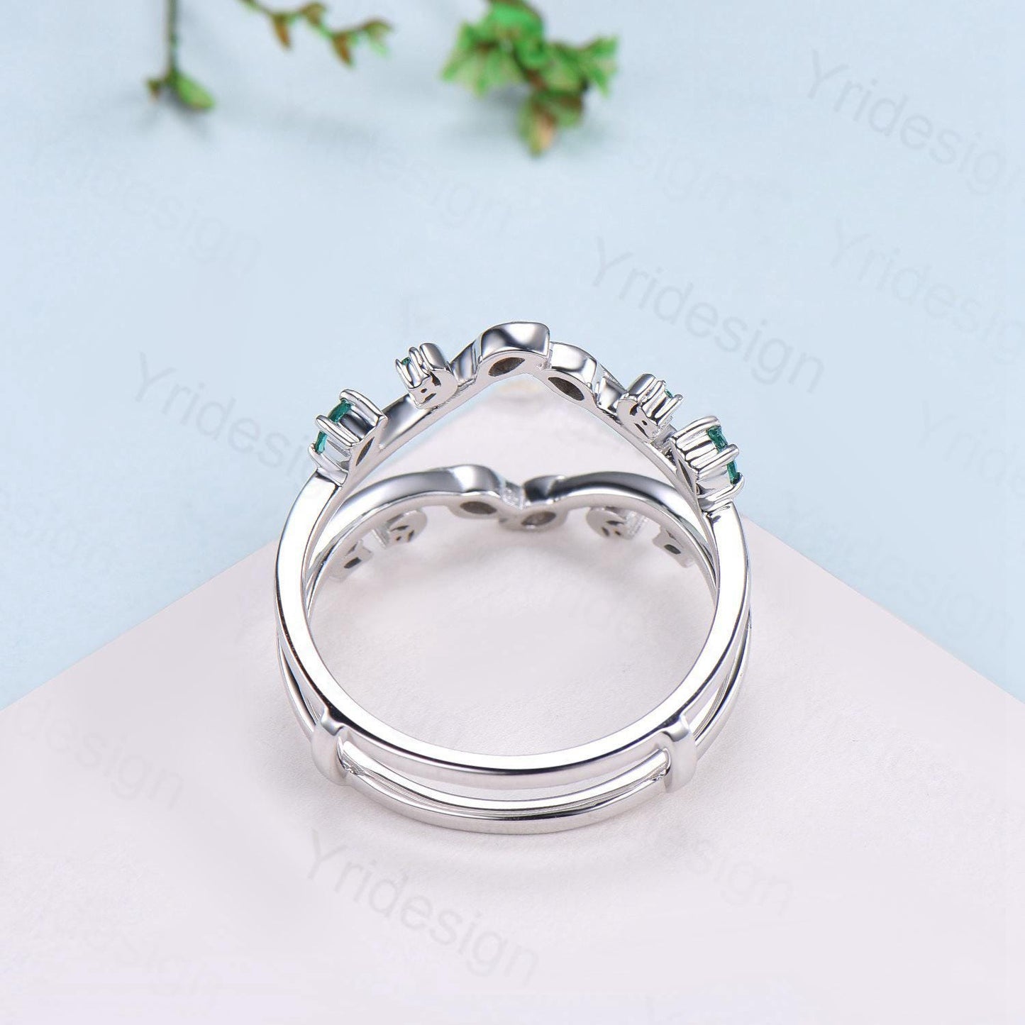 Elegant Emerald Enhancer Wedding Band Leaf Vine Ladies Wedding Ring Women Unique Nature Inspired Stacking Matching Ring Anniversary Gifts - PENFINE