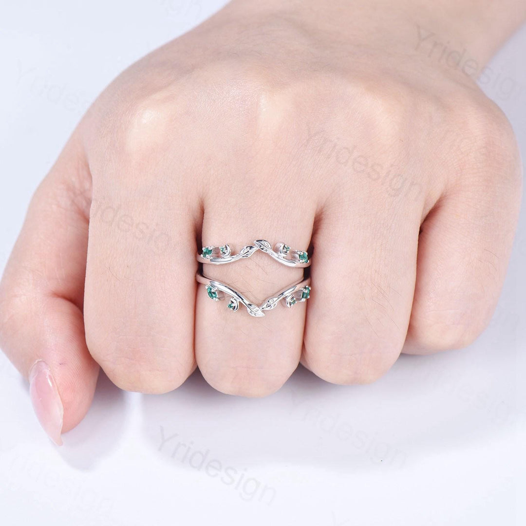Elegant Emerald Enhancer Wedding Band Leaf Vine Ladies Wedding Ring Women Unique Nature Inspired Stacking Matching Ring Anniversary Gifts - PENFINE
