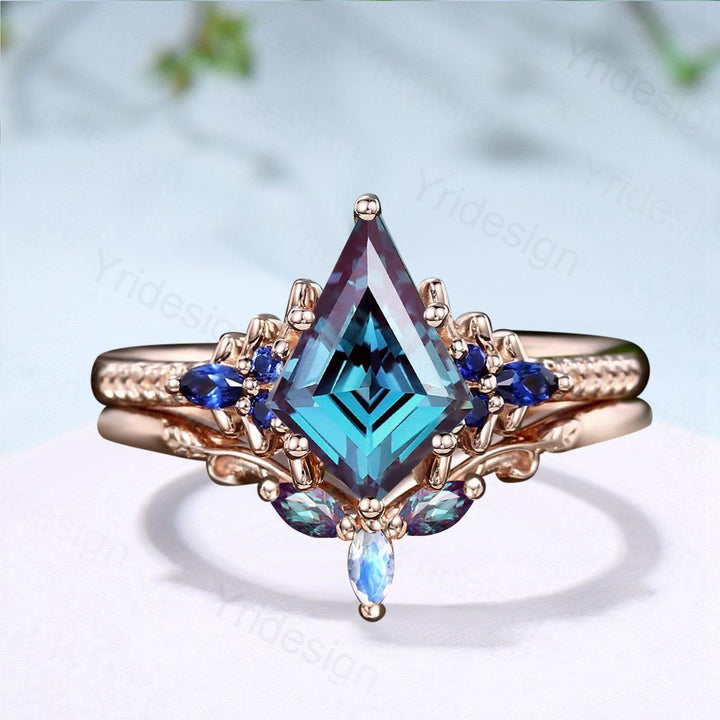 Unique Kite Cut Alexandrite Engagement Ring Set Sapphire Moonstone Wedding Set Vintage June Birthstone Stacking Band Bridal Set for Women - PENFINE