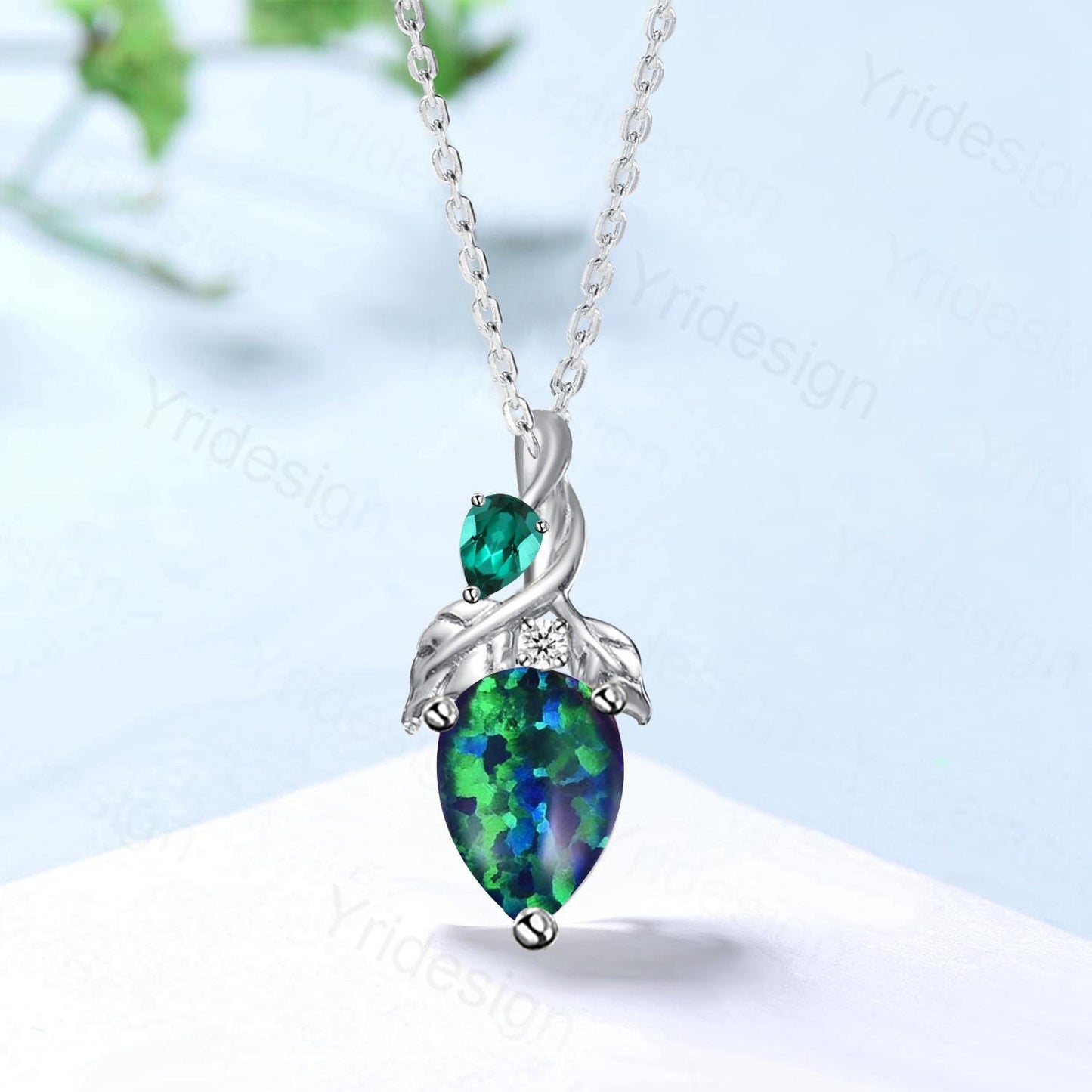 Unique Pear Shaped Blue Opal Pendant Necklace Nature Inspired Leaves Emerald Pendant Branch Leaf Vine Necklace Anniversary gift for Daughter - PENFINE