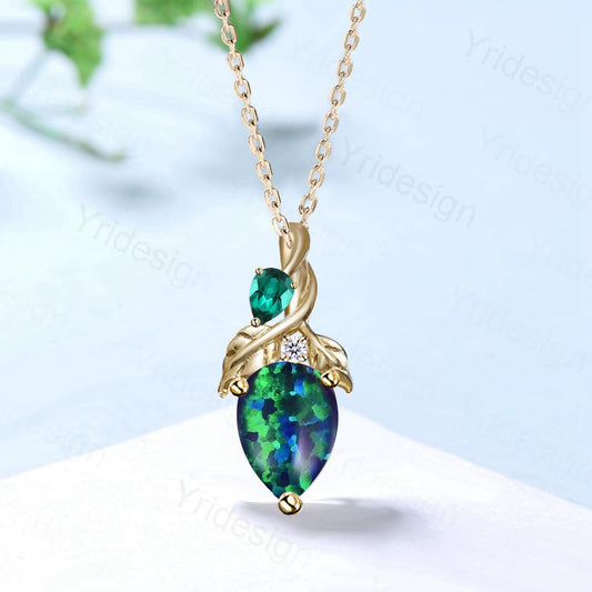 Unique Pear Shaped Blue Opal Pendant Necklace Nature Inspired Leaves Emerald Pendant Branch Leaf Vine Necklace Anniversary gift for Daughter - PENFINE