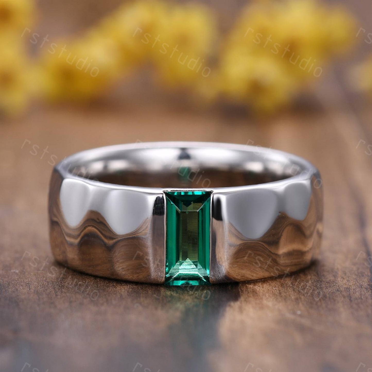 Mens Baguette Emerald Ring: Hammered Sterling Silver Wedding Band