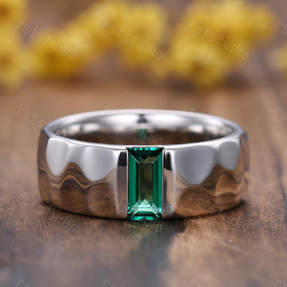 Mens Baguette Emerald Ring: Hammered Sterling Silver Wedding Band