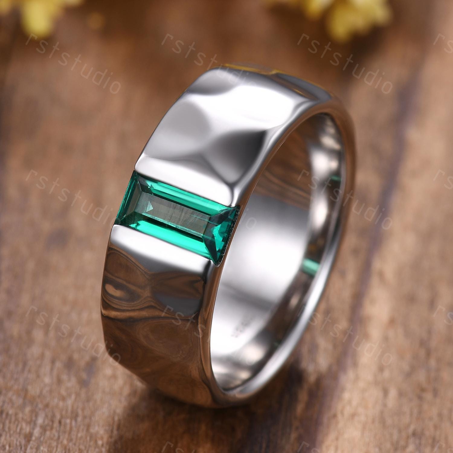 Mens Baguette Emerald Ring: Hammered Sterling Silver Wedding Band