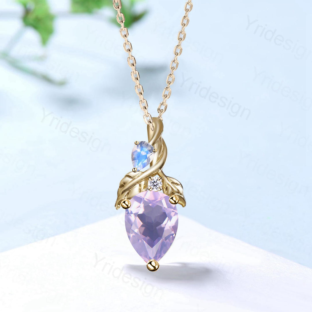 Unique Pear Shaped Lavender Amethyst Pendant Necklace Nature Inspired Leaves Moonstone Necklace Branch Leaf Vine Necklace Anniversary gifts - PENFINE
