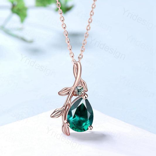 Natural Inspired Emerald Necklace leaf vine branch lab emerald necklace elegant twisted pendant  May birthstone anniversary gifts for mom - PENFINE