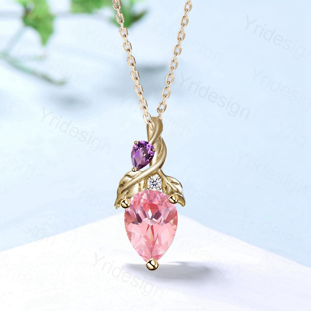 Unique Pear Shaped Padparadscha Sapphire Pendant Necklace Nature Inspired Leaves Necklace Amethyst Leaf Vine Anniversary gift for Daughter - PENFINE