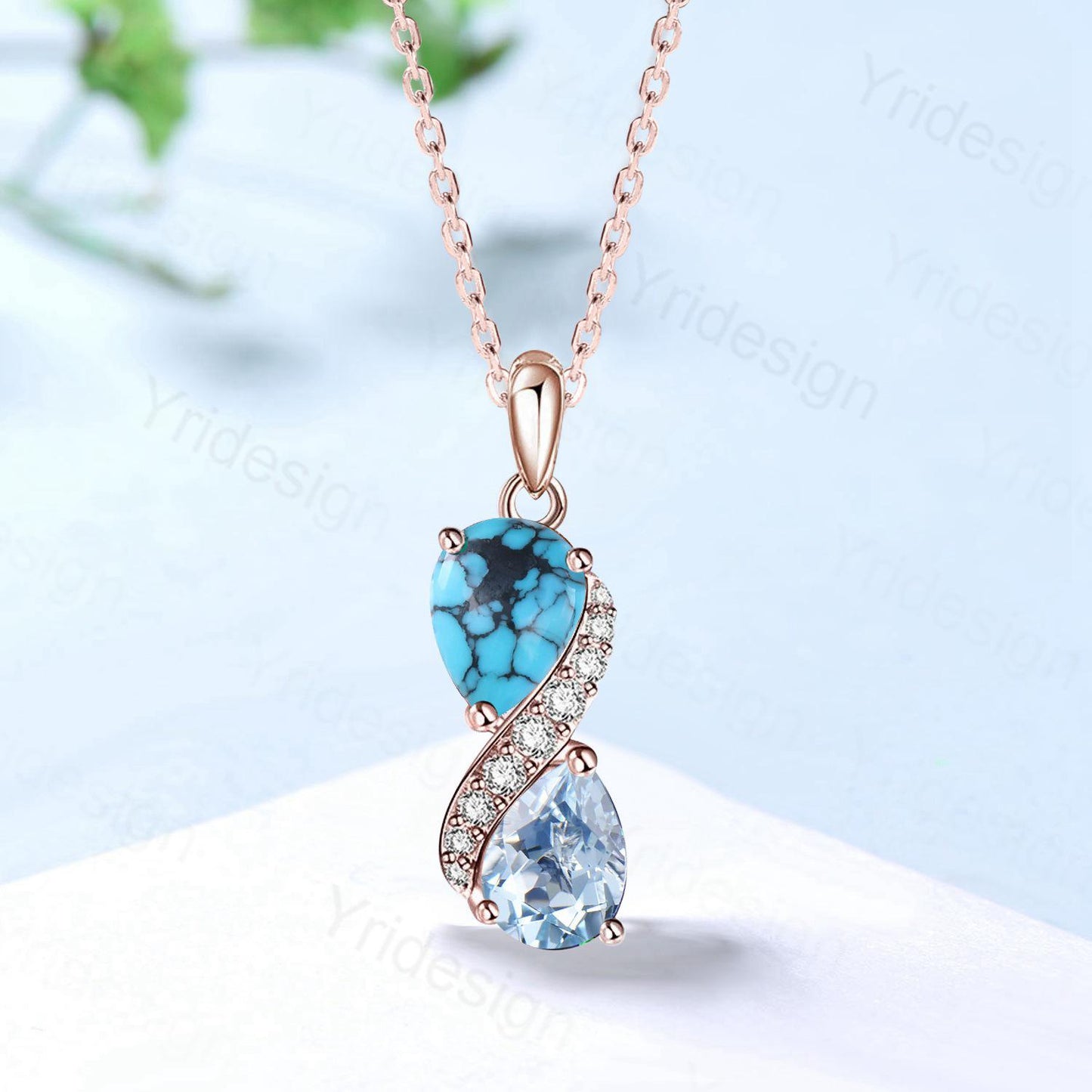 Aquamarine Turquoise Toi et Moi Necklace, Double Pear Cut, Handmade Gold Pendant - PENFINE