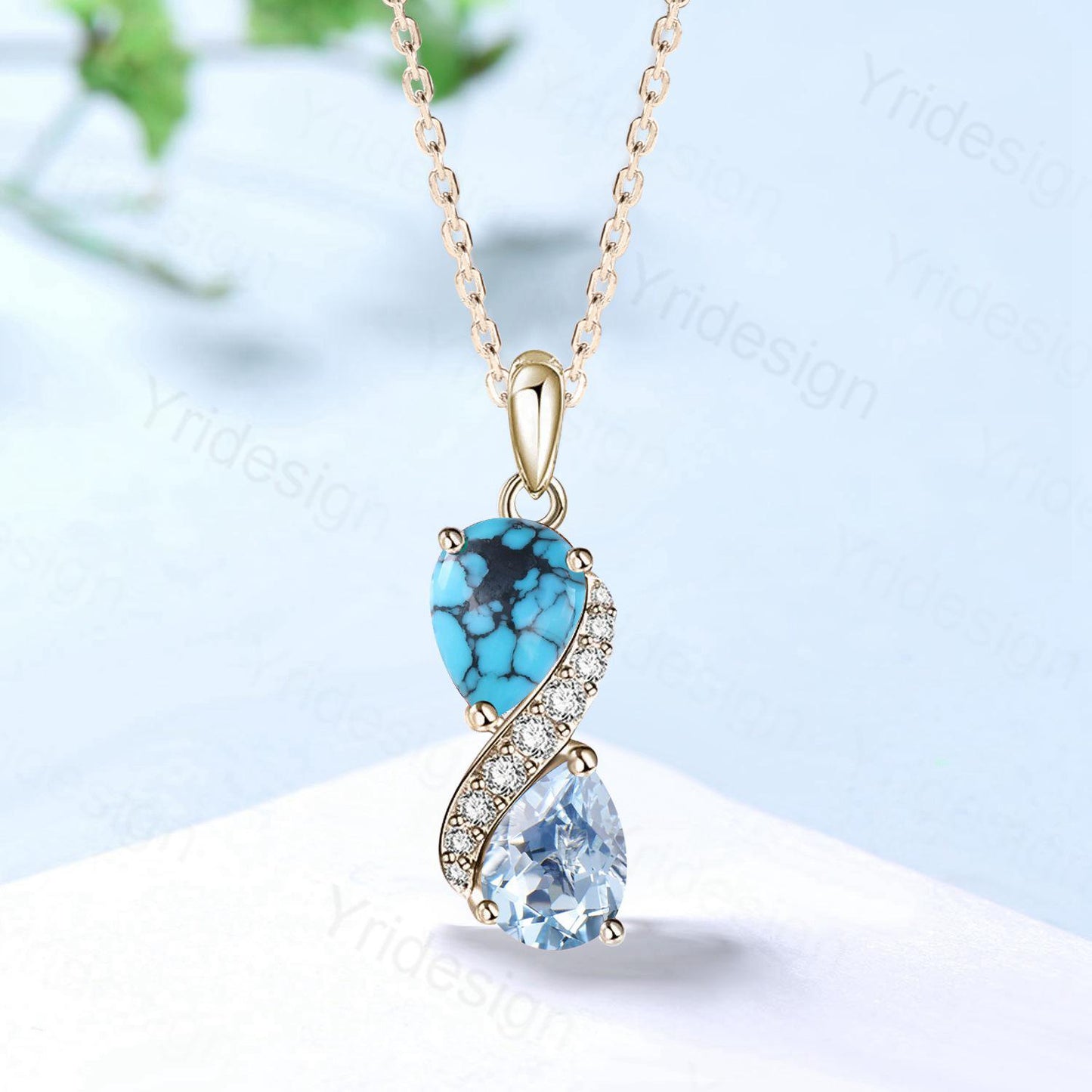 Aquamarine Turquoise Toi et Moi Necklace, Double Pear Cut, Handmade Gold Pendant - PENFINE