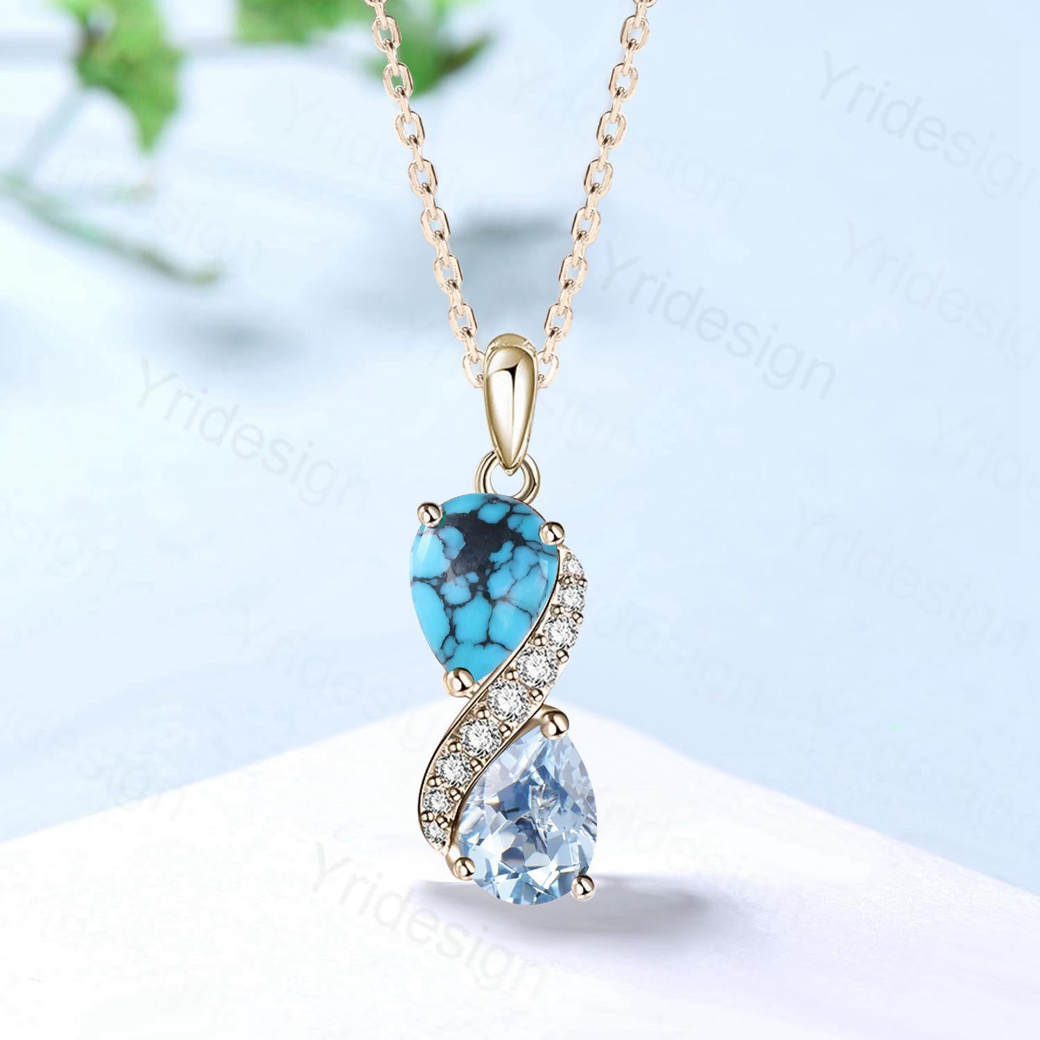 Aquamarine Turquoise Toi et Moi Necklace, Double Pear Cut, Handmade Gold Pendant - PENFINE