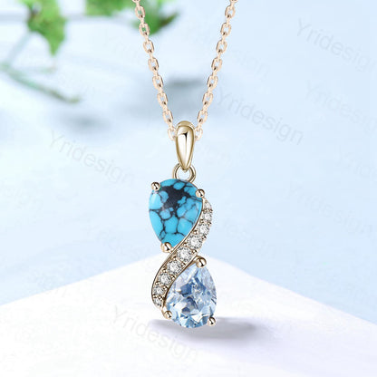 Aquamarine Turquoise Toi et Moi Necklace, Double Pear Cut, Handmade Gold Pendant - PENFINE