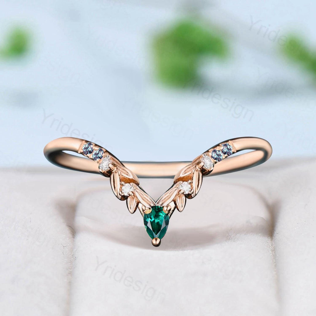 Curved Alexandrite Wedding Band Nature Inspired Pear Shaped Emerald Stackable Ring Women Leaf Vine Matching Band Anniversary Promise Gift - PENFINE