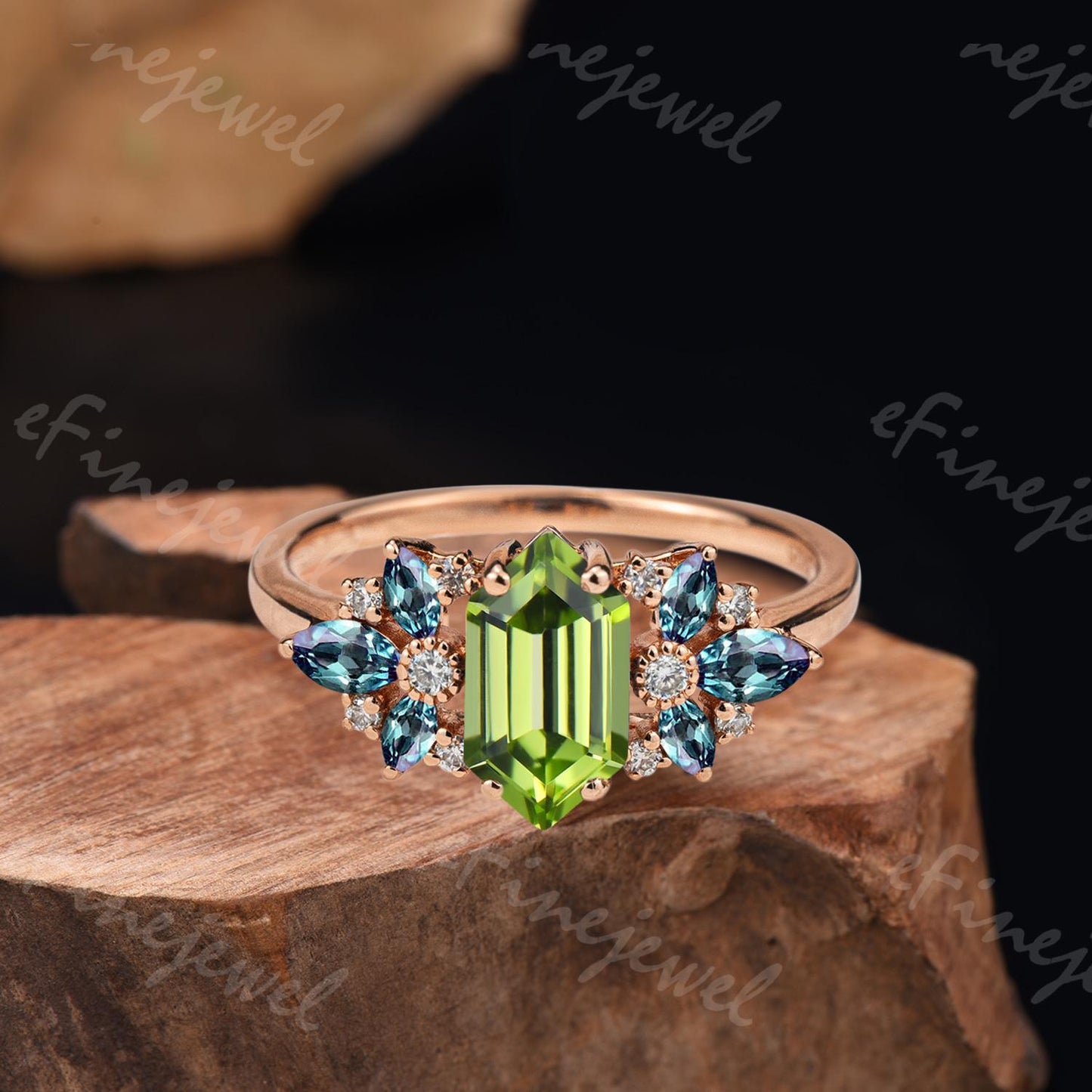 Vintage Art Deco Peridot Engagement Ring, Marquise Moissanite Accent
