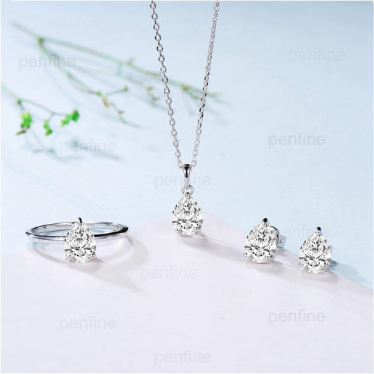 Solitaire Lab Grown Diamond Wedding Set Minimalist IGI CVD Diamond Engagement Ring Simple Diamond Pendant Necklace 18K White Gold Earrings - PENFINE