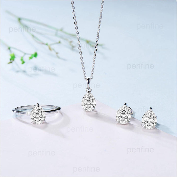 Solitaire Lab Grown Diamond Wedding Set Minimalist IGI CVD Diamond Engagement Ring Simple Diamond Pendant Necklace 18K White Gold Earrings - PENFINE