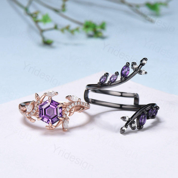 Nature Inspired hexagon amethyst engagement ring set black gold unique snake marquise cut purple gemstone ring bridal wedding set for women - PENFINE