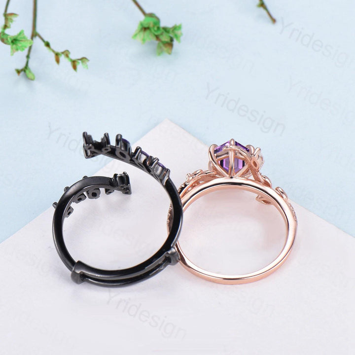 Nature Inspired hexagon amethyst engagement ring set black gold unique snake marquise cut purple gemstone ring bridal wedding set for women - PENFINE