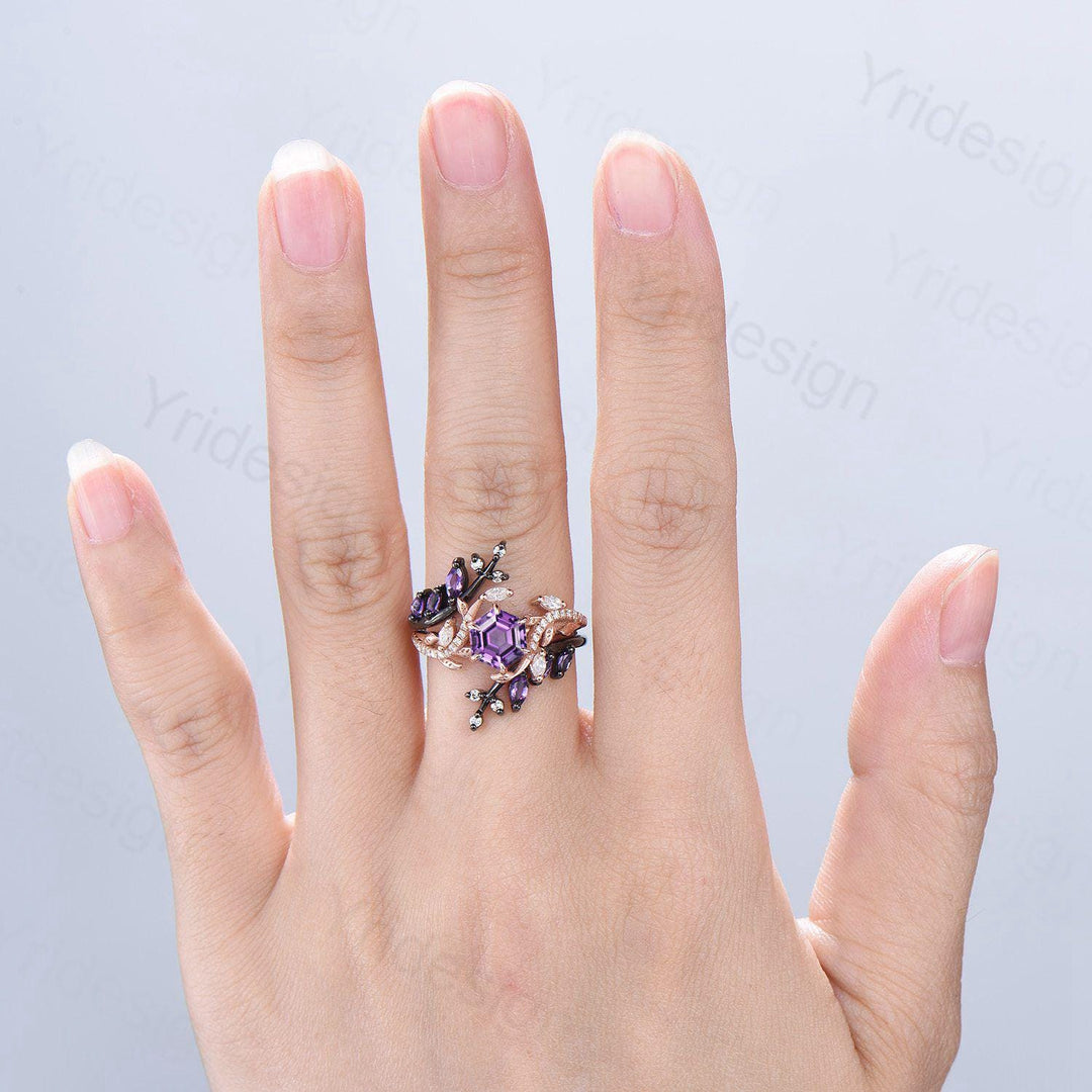 Nature Inspired hexagon amethyst engagement ring set black gold unique snake marquise cut purple gemstone ring bridal wedding set for women - PENFINE