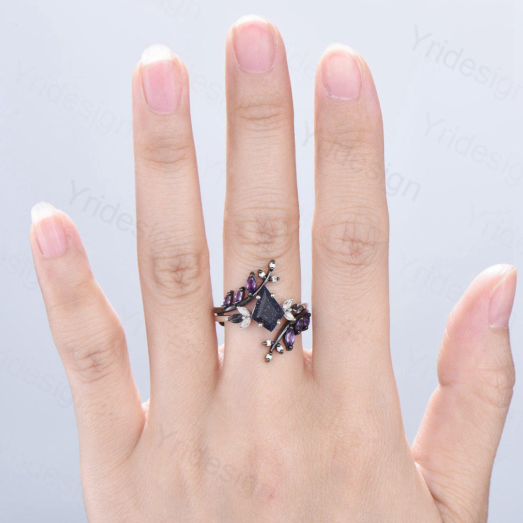 Kite Blue Sandstone Ring Set, Marquise Rutilated Quartz, Art Deco Bridal Ring - PENFINE