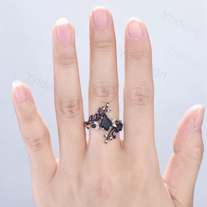 Kite Blue Sandstone Ring Set, Marquise Rutilated Quartz, Art Deco Bridal Ring - PENFINE