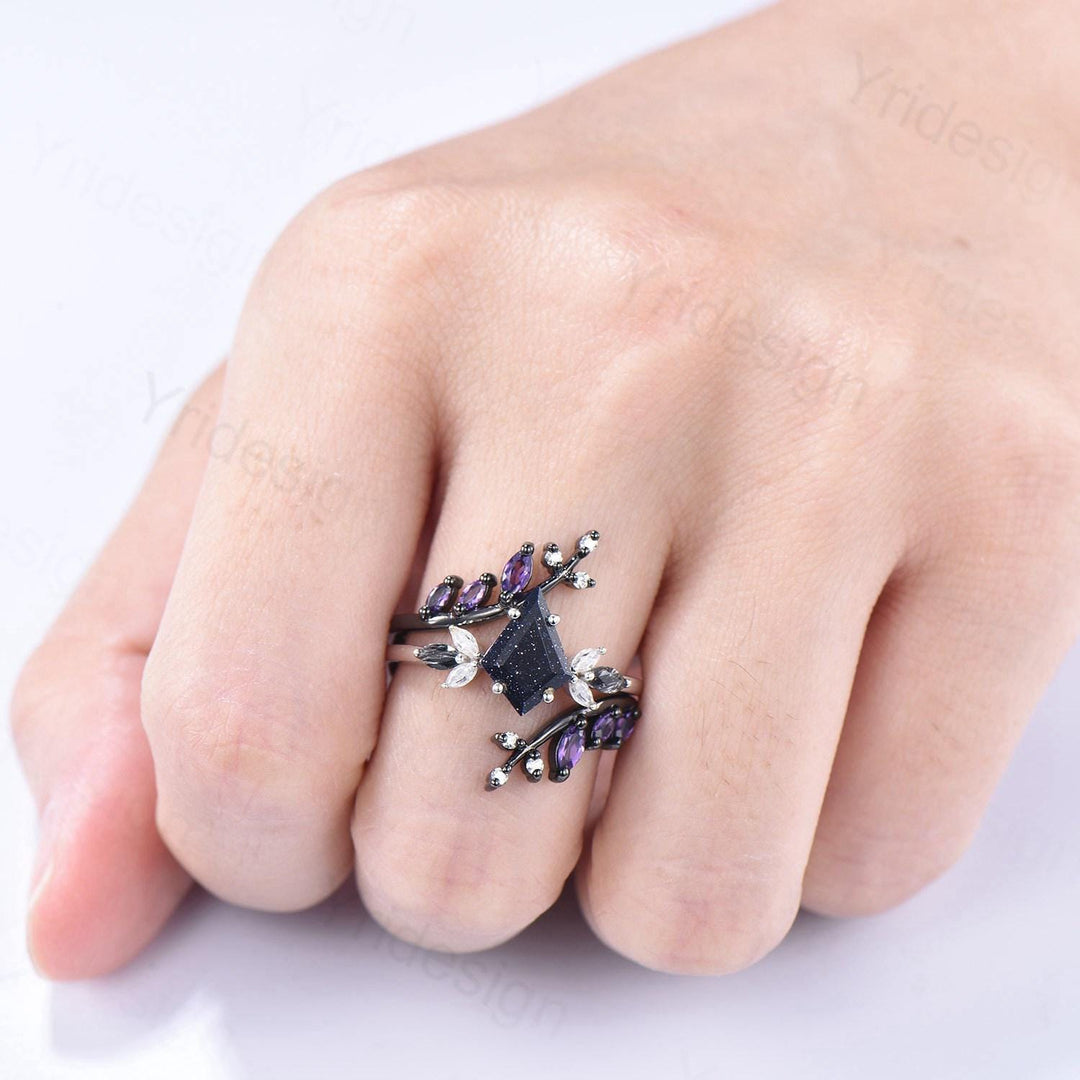 Kite Blue Sandstone Ring Set, Marquise Rutilated Quartz, Art Deco Bridal Ring - PENFINE