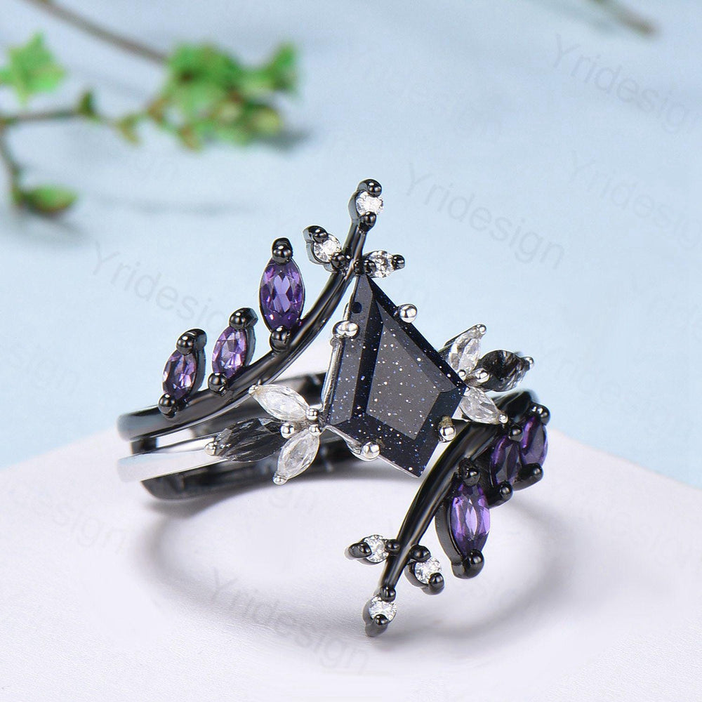 Kite Blue Sandstone Ring Set, Marquise Rutilated Quartz, Art Deco Bridal Ring - PENFINE