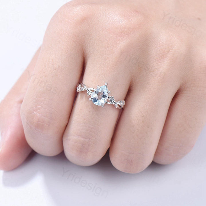 Vintage Natural Aquamarine Engagement Ring Pear Shaped 14K White Gold Moon Star Wedding Ring March Birthstone Moonstone Promise Ring Women - PENFINE